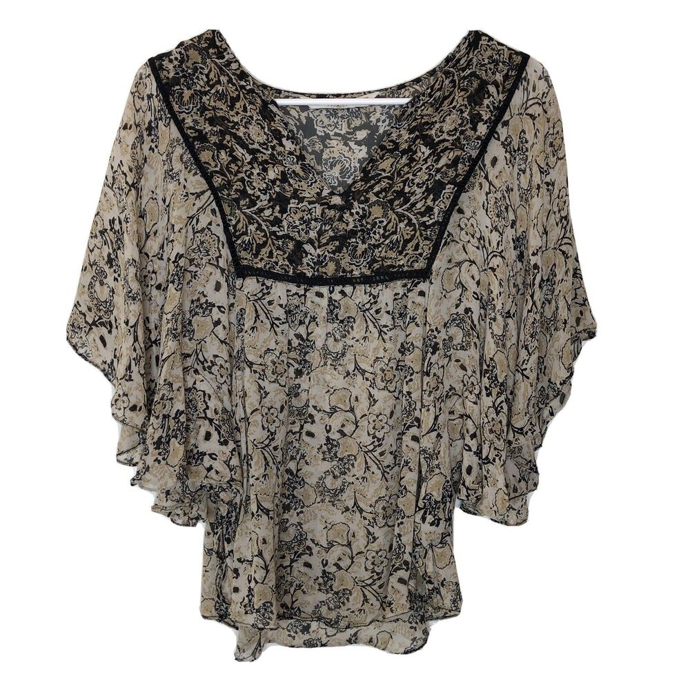 Zara Basic Collection Blouse Top Angel Wing Sleeve Boho Peasant Black Tan Sz S